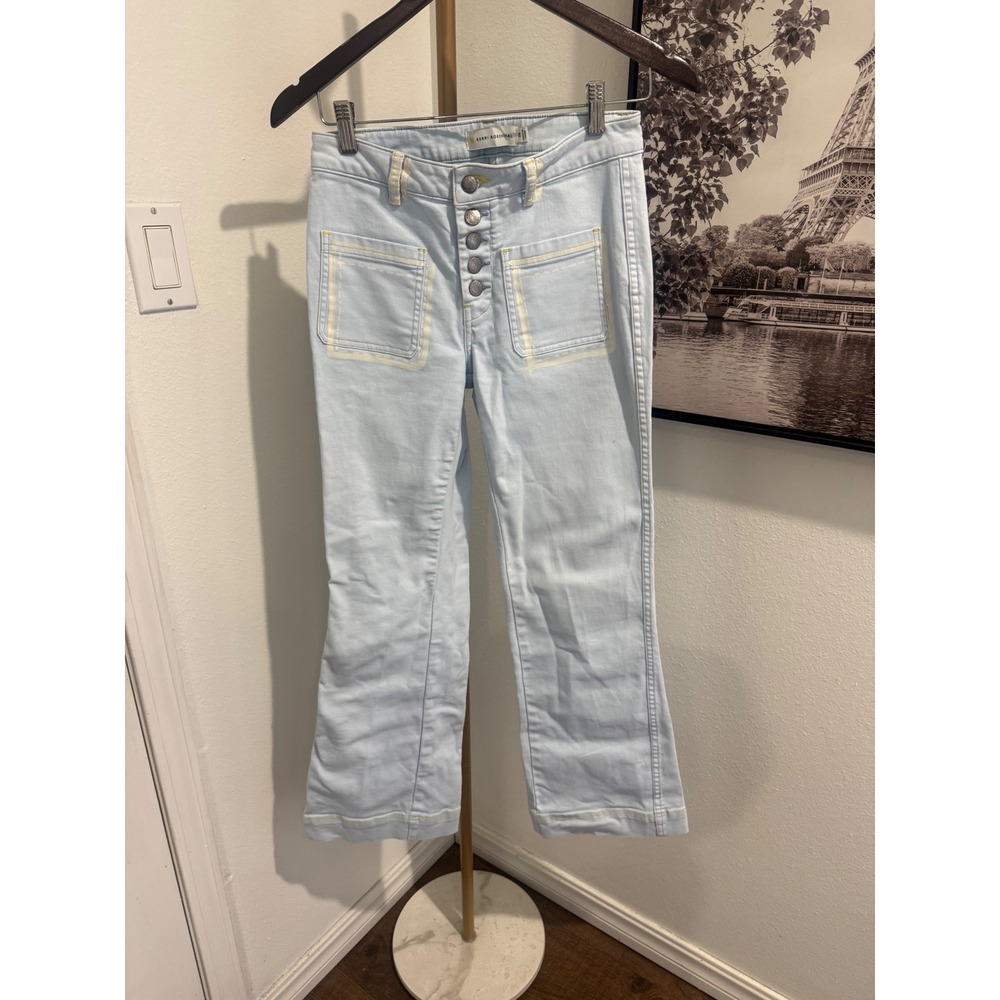 Kerri Rosenthal Light Blue Hand Painted Heart Cropped Flare Jeans Size 26